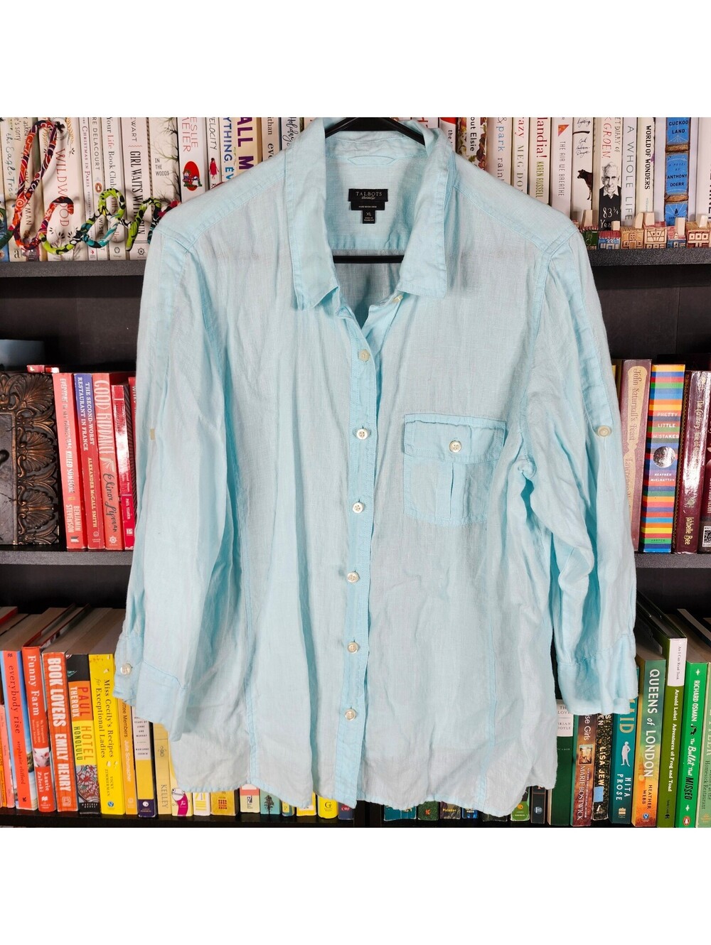 Talbots XL Light Blue Pure Irish Linen Button Up Shirt Roll Tab Sleeves